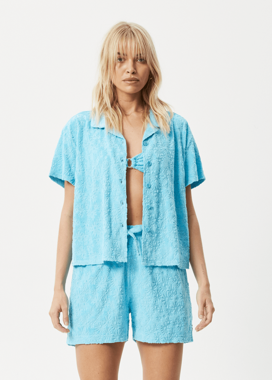 Afends Chemise Moon Hemp Terry Short Sleeve Shirt Blue Daisy