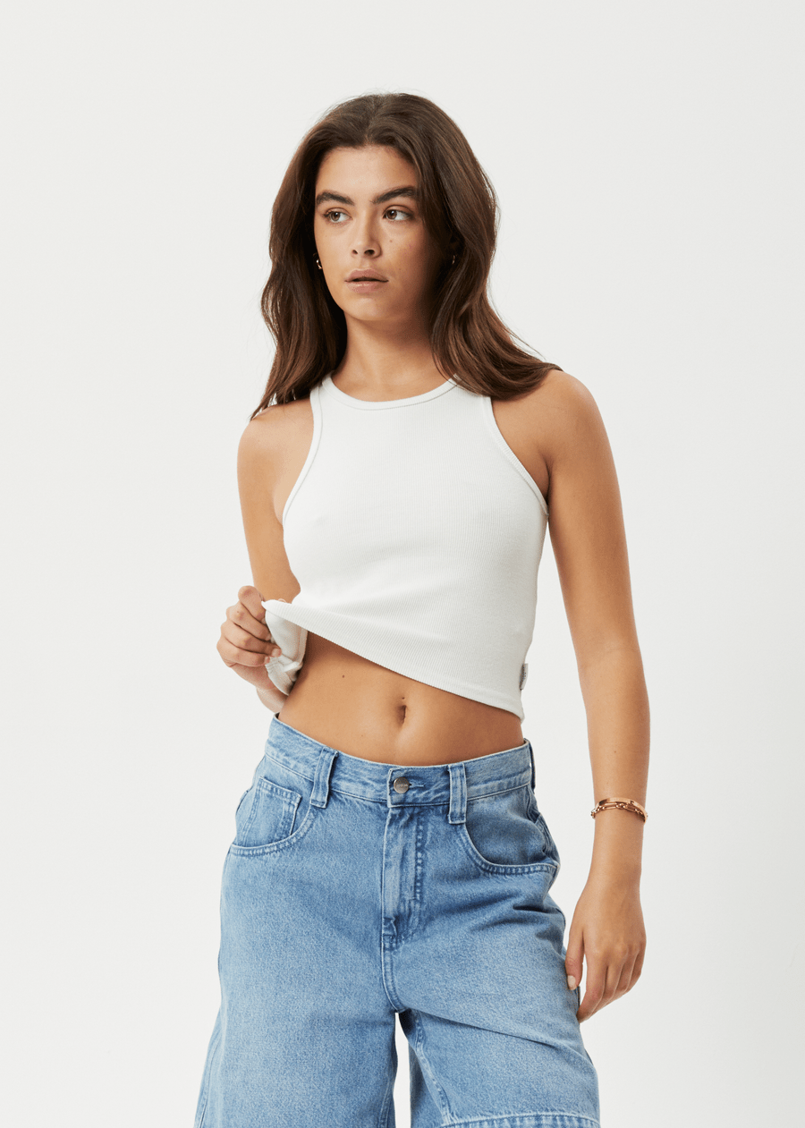 Afends Top Pealry Cropped Hemp Ribbed Singlet Off White