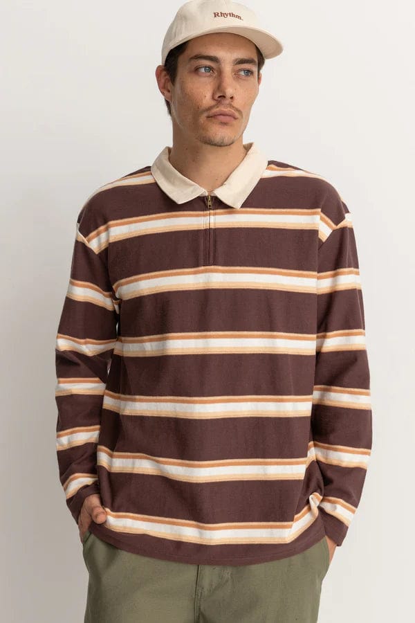 Rhythm. polo Vintage Stripe Polo Ls T Shirt Chocolate