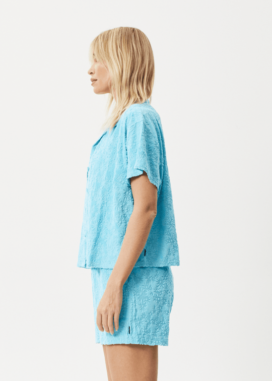Afends Pantalons Moon Hemp Terry Short Sleeve Shirt Blue Daisy