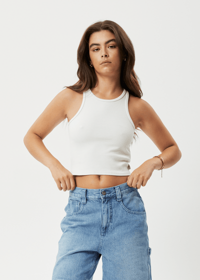 Afends Top Pealry Cropped Hemp Ribbed Singlet Off White